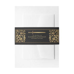 Black Royal Mediaeval Gold Sword Wedding  Invitation Belly Band