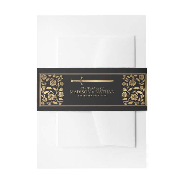 Black Royal Mediaeval Gold Sword Wedding  Invitation Belly Band (Front Example)