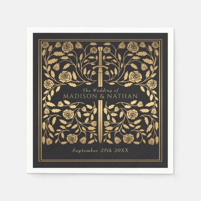 Black Royal Mediaeval Gold Sword Wedding Napkin (Front)
