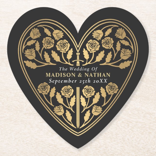 Black Royal Mediaeval Gold Sword Wedding Paper Coaster (Front)