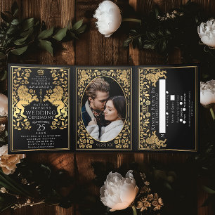 Black Royal Mediaeval Lion Wedding Tri-Fold Invitation