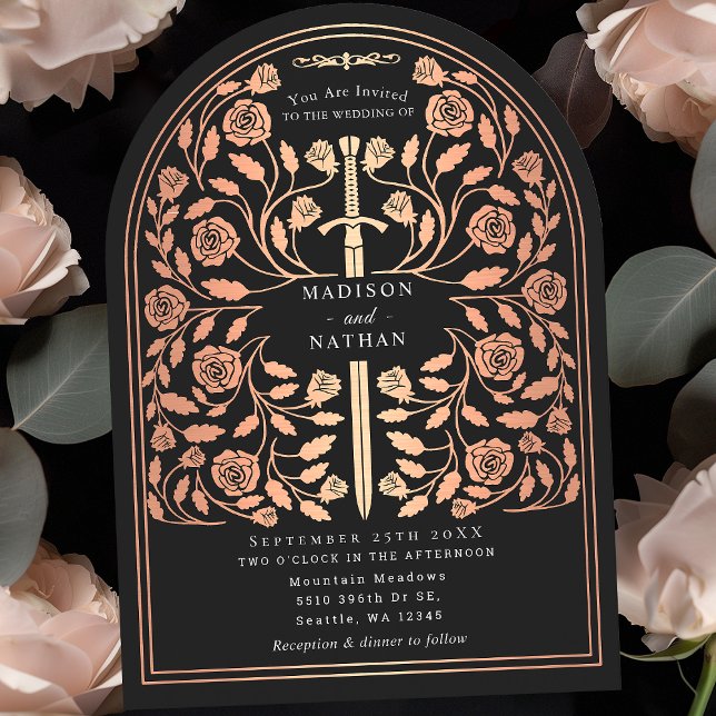 Black Royal Mediaeval Rose Gold Sword Wedding Arch Invitation (Creator Uploaded)