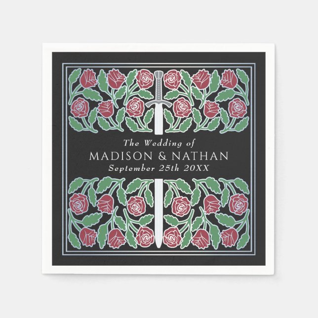 Black Royal Mediaeval Silver Floral Sword Wedding Napkin (Front)