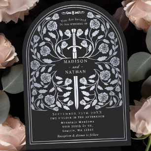 Black Royal Mediaeval Silver Sword Wedding Arch Invitation