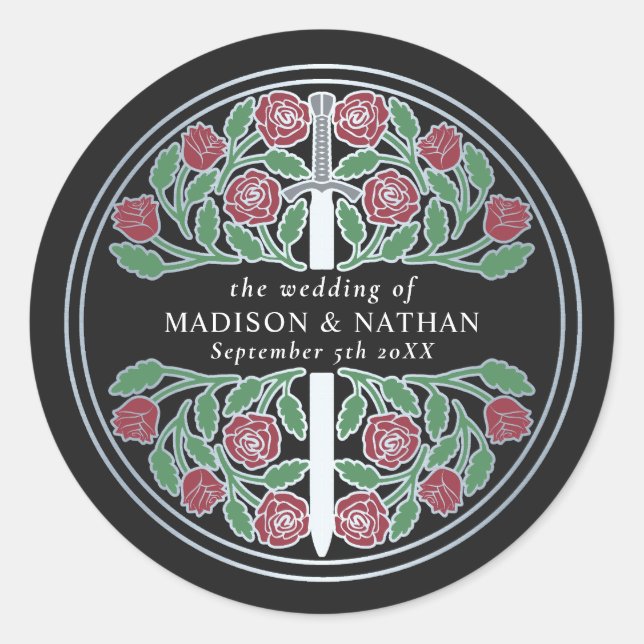 Black Royal Mediaeval Silver Sword Wedding  Classic Round Sticker (Front)