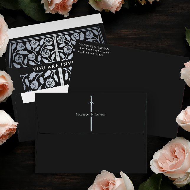 Black Royal Mediaeval Silver Sword Wedding  Envelope (Creator Uploaded)