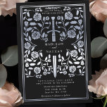 Black Royal Mediaeval Silver Sword Wedding  Invitation<br><div class="desc">Step into a tale of romance and legend! These mediaeval fantasy wedding invitations feature a regal sword entwined with silver florals on a black backdrop. They are perfect for couples seeking an enchanting and timeless touch for their special day. Note that the silver on these invitations are NOT printed with...</div>