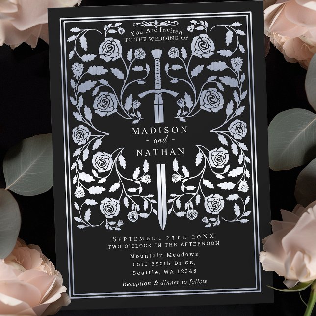 Black Royal Mediaeval Silver Sword Wedding  Invitation (Creator Uploaded)