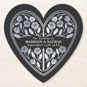 Black Royal Mediaeval Silver Sword Wedding Paper Coaster