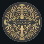 Black Royal Mediaeval Sword Wedding Classic Round Sticker<br><div class="desc">Celebrate your special day with this Royal Mediaeval Sword Wedding design. The design on the back of the invite is NOT real gold foil. You can customise this further by clicking on the "PERSONALIZE" button.</div>