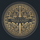 Black Royal Mediaeval Sword Wedding Classic Round Sticker<br><div class="desc">Celebrate your special day with this Royal Mediaeval Sword Wedding design. The design on the back of the invite is NOT real gold foil. You can customise this further by clicking on the "PERSONALIZE" button.</div>