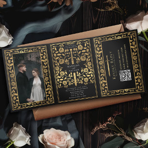 Black Royal Mediaeval Sword Wedding QR Code Tri-Fold Invitation