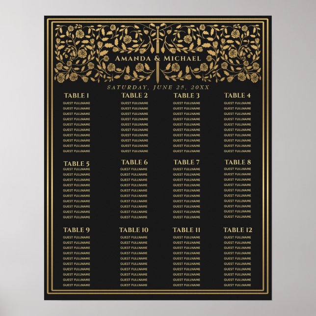 Black Royal Mediaeval Sword Wedding Seating Chart (Front)