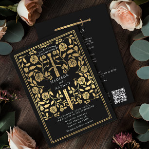 Black Royal Medieval Gold Sword Wedding QR Code Invitation