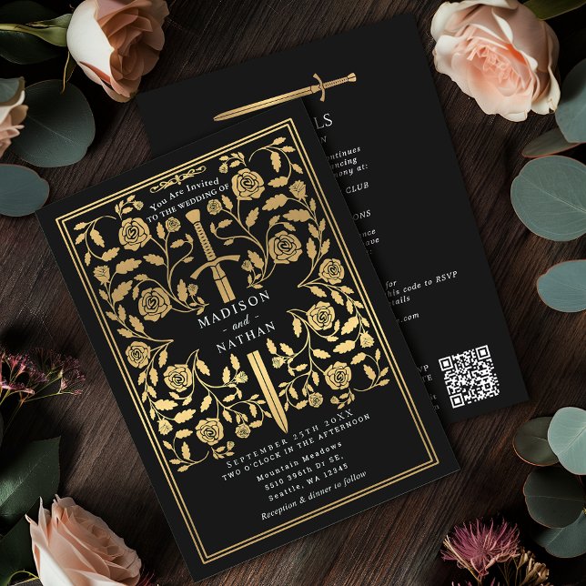 Black Royal Medieval Gold Sword Wedding QR Code Invitation (Creator Uploaded)