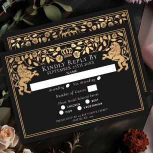 Black Royal Medieval Lion Wedding RSVP Card