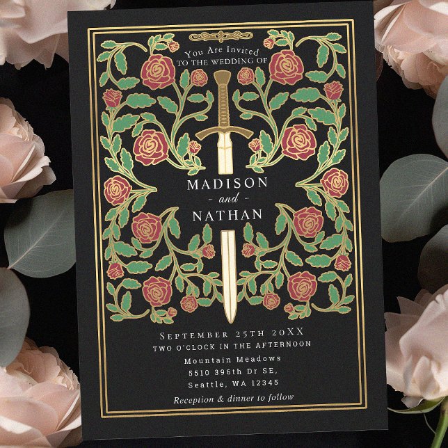 Black Royal Sword Floral Mediaeval Fantasy Wedding Invitation (Creator Uploaded)