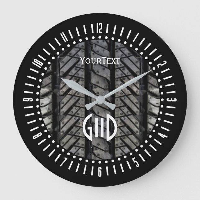 Black Rubber Tire Thread Text Plus Monogram on a Large Clock (Front)