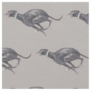 Black Running Greyhound on Grey Dog Art Fabric