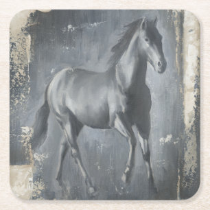 Black Running Stallion Square Paper Coaster