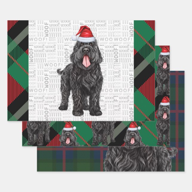 Black Russian Terrier Dog Green Red Plaid Holiday Wrapping Paper Sheet (Set)