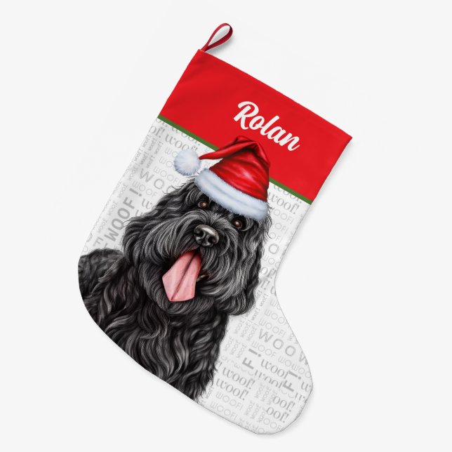Black Russian Terrier Dog with Dog's Name Large Christmas Stocking (Front (Hanging))