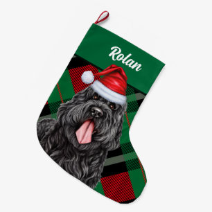 Black Russian Terrier Holiday Plaid Dog's Name Large Christmas Stocking