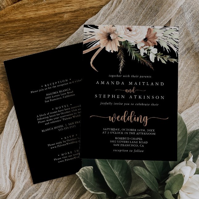 Black Rustic Boho Floral Front & Back Wedding  Invitation (Creator Uploaded)