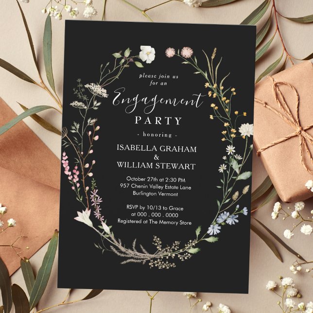 Black Rustic Boho Wildflower Engagement Party Invitation (Creator Uploaded)