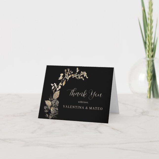 Black Rustic Botanical Leaves Wedding Thank You Ca (Front)