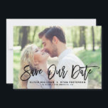 Black Rustic Brush Calligraphy Photo Save Our Date Save The Date<br><div class="desc">Stylish save the date announcement featuring brush modern calligraphy with green leaves pattern. This will be a perfect save the date for spring and summer weddings. You can customise the back by adding your own pattern or adding another photo.</div>