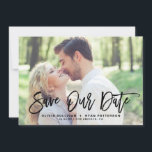 Black Rustic Brush Calligraphy Photo Save Our Date Save The Date<br><div class="desc">Stylish save the date announcement featuring brush modern calligraphy with green leaves pattern. This will be a perfect save the date for spring and summer weddings. You can customise the back by adding your own pattern or adding another photo.</div>