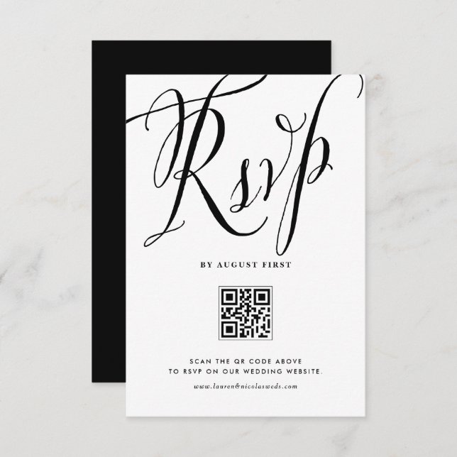 Black Rustic Calligraphy QR Code Wedding RSVP Card (Front/Back)