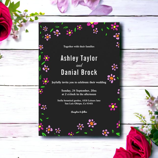 Black Rustic Colourful Roses Boho Floral Wedding Invitation (Creator Uploaded)