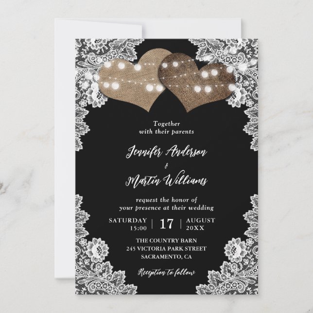 Black Rustic Country Lace String Lights Wedding Invitation (Front)