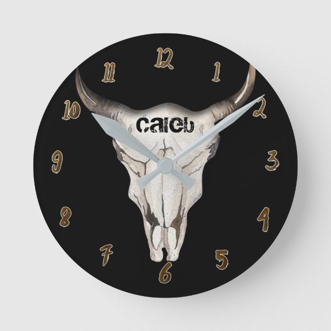 Black Rustic Cow Bull Head Skull Horns Custom Round Clock (Front)