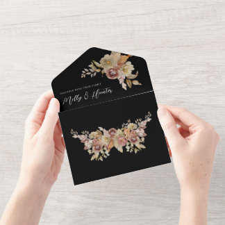 Black Rustic Floral All in One Wedding Invite