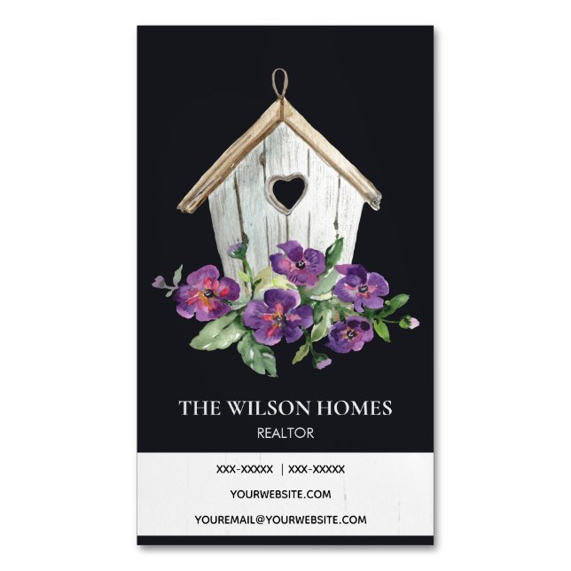 BLACK RUSTIC FLORAL BIRDHOUSE REAL ESTATE REALTOR 	Magnetic BUSINESS CARD (Front Vertical)