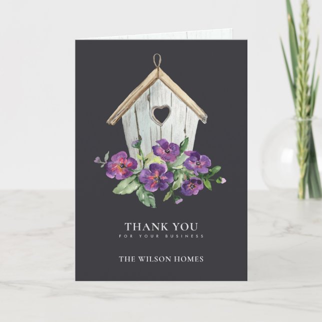 BLACK RUSTIC FLORAL BIRDHOUSE REALTOR REAL ESTATE THANK YOU CARD (Front)
