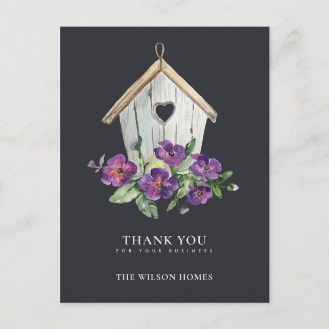 BLACK RUSTIC FLORAL BIRDHOUSE REALTOR THANK YOU ANNOUNCEMENT POSTCARD (Front)