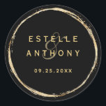 Black Rustic Gold Circle Frame Ampersand Wedding Classic Round Sticker<br><div class="desc">This wedding sticker features a faux gold circle frame with an elegant ampersand and simple calligraphy with a black background.</div>