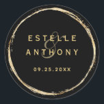 Black Rustic Gold Circle Frame Ampersand Wedding Classic Round Sticker<br><div class="desc">This wedding sticker features a faux gold circle frame with an elegant ampersand and simple calligraphy with a black background.</div>