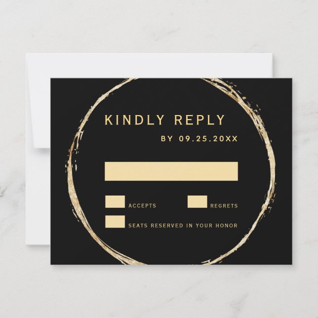 Black Rustic Gold Circle Frame Ampersand Wedding RSVP Card (Front)