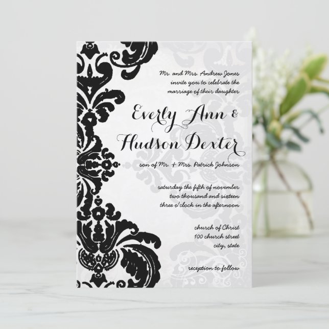 Black Rustic Luxe Vintage Damask Wedding Invitation (Standing Front)
