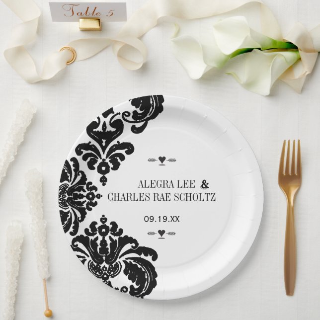 Black Rustic Luxe Vintage Damask Wedding Paper Plate (Wedding)
