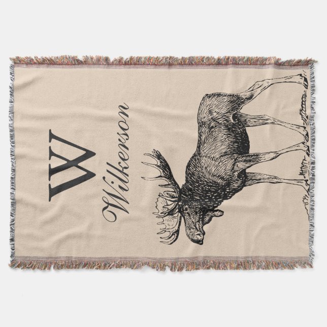 Black Rustic Moose Illustration - Personalised Throw Blanket (Front)