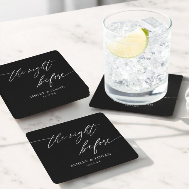 Black Rustic The Night Before Rehearsal Dinner Square Paper Coaster (Creator Uploaded)