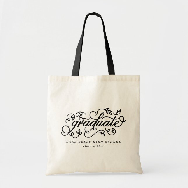Black Rustic Whimsical Floral Script Graduation Tote Bag (Front)