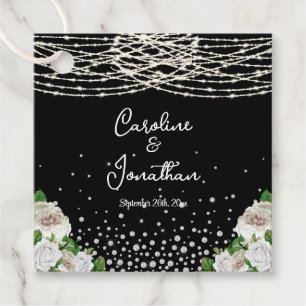 Black Rustic White Roses String Lights Wedding Favour Tags