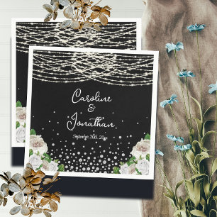 Black Rustic White Roses String Lights Wedding Napkin
